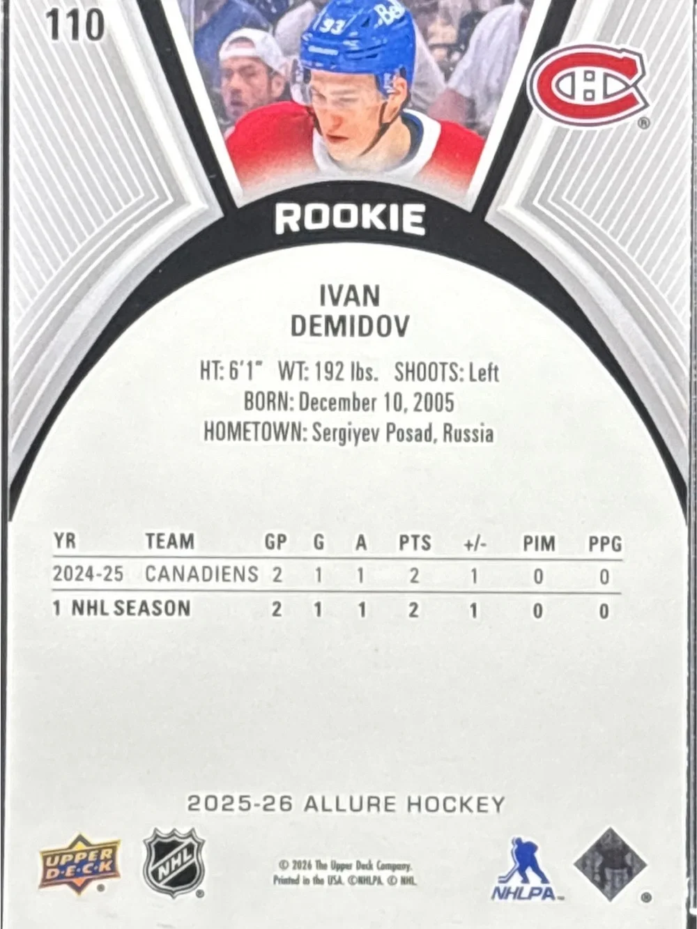 Upper Deck Allure Ivan Demidov Rookie Hockey Card Holo